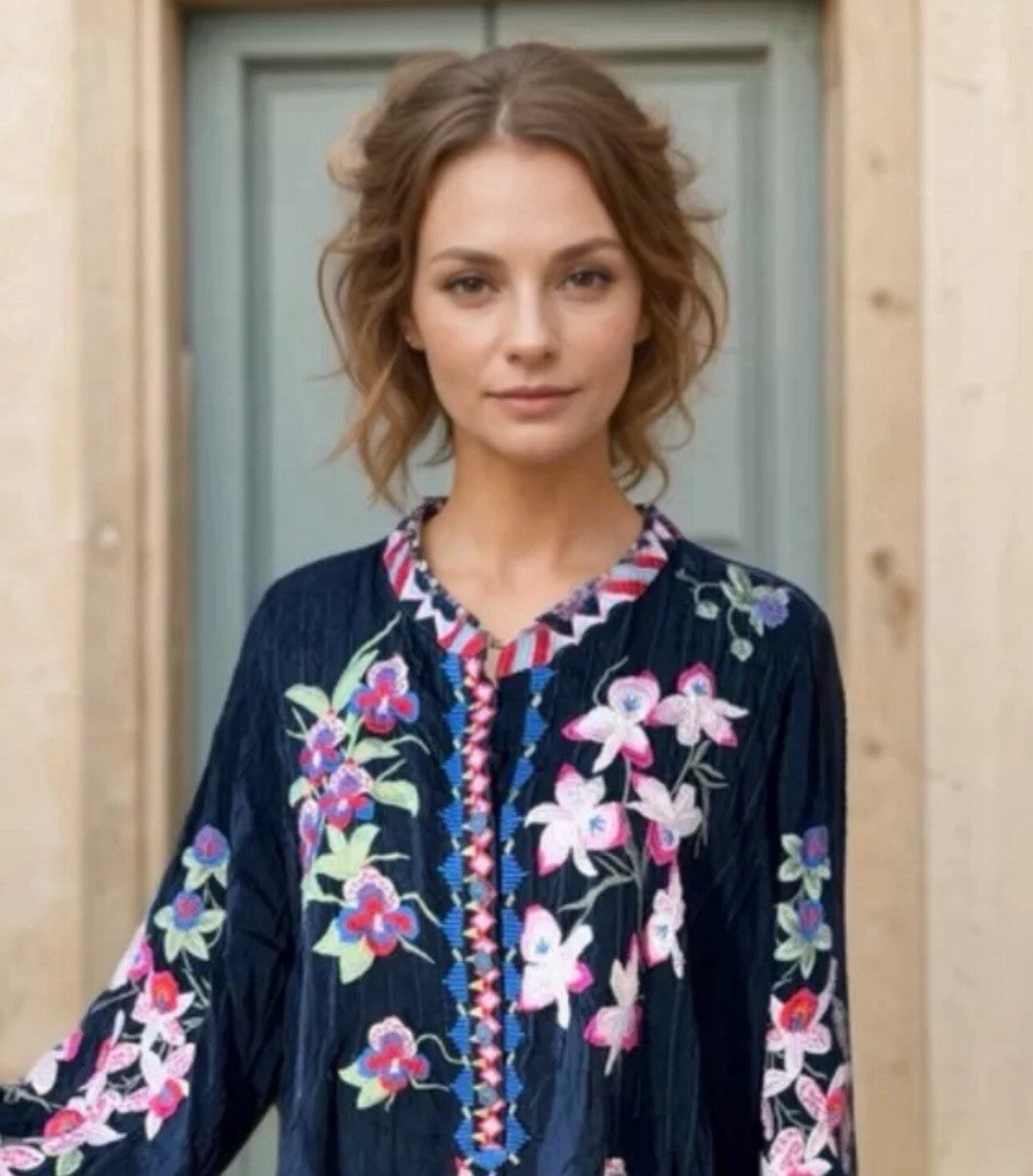 Johnny Was 1X Navy Blue Embroidered Tunic Top Blouse Silky Shirt Lightweight Johnny Was