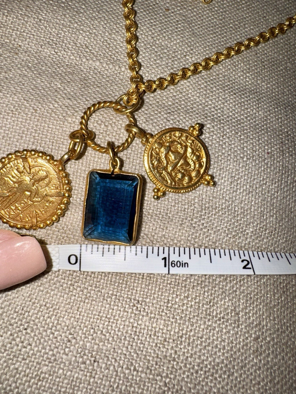Julie Vos Necklace Sapphire Blue Glass & Gold Coin Pendant 24k Plated RETIRED Julie Vos