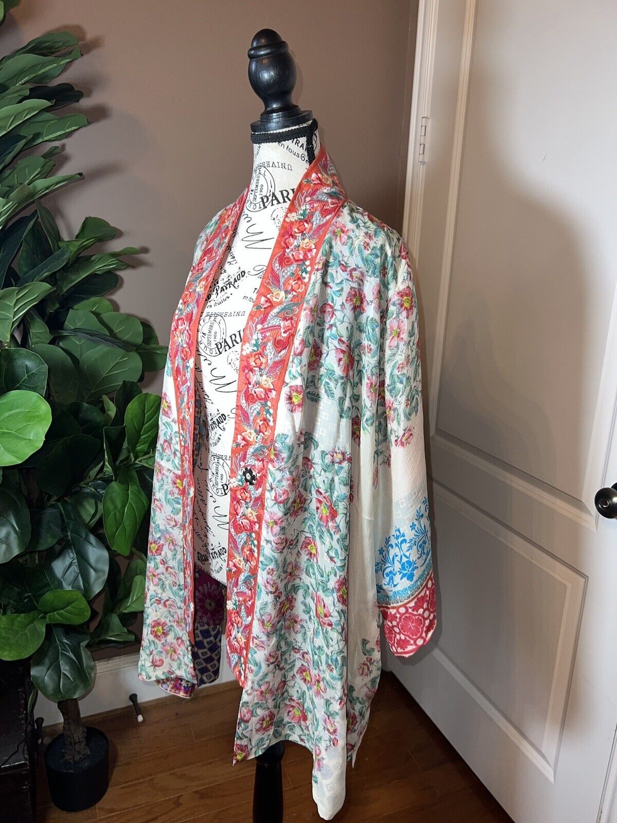 Johnny Was Silk REVERSIBLE Floral Kimono  XL 1X Embroidered & Pockets