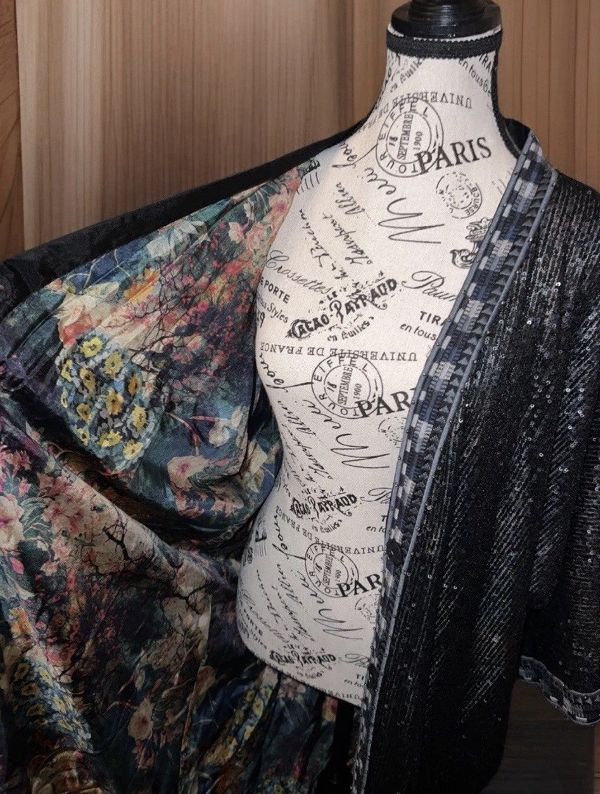 Johnny Was L 100% Silk & Sequins Black KIMONO Long Duster Coat REVERSIBLE Johnny Was