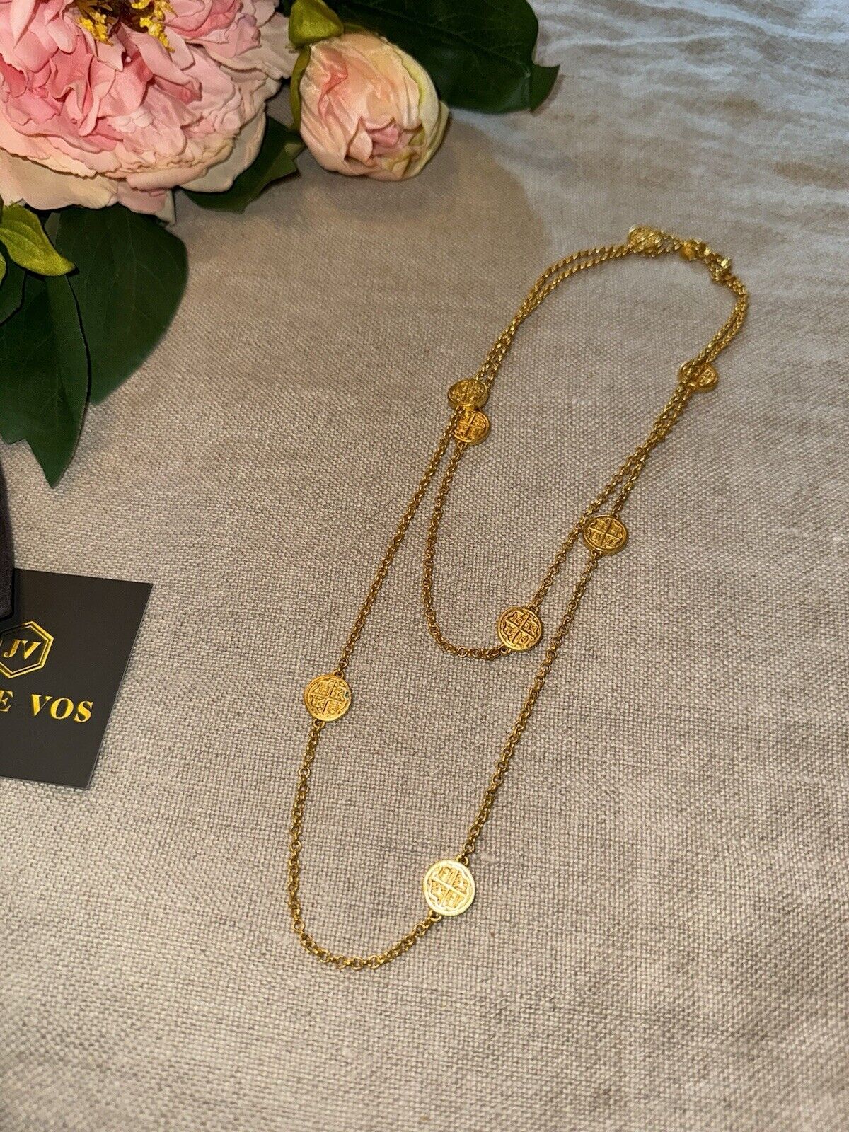 Julie Vos Long Station Coin Medallion & 24k Gold Plated Necklace LONGER STYLE