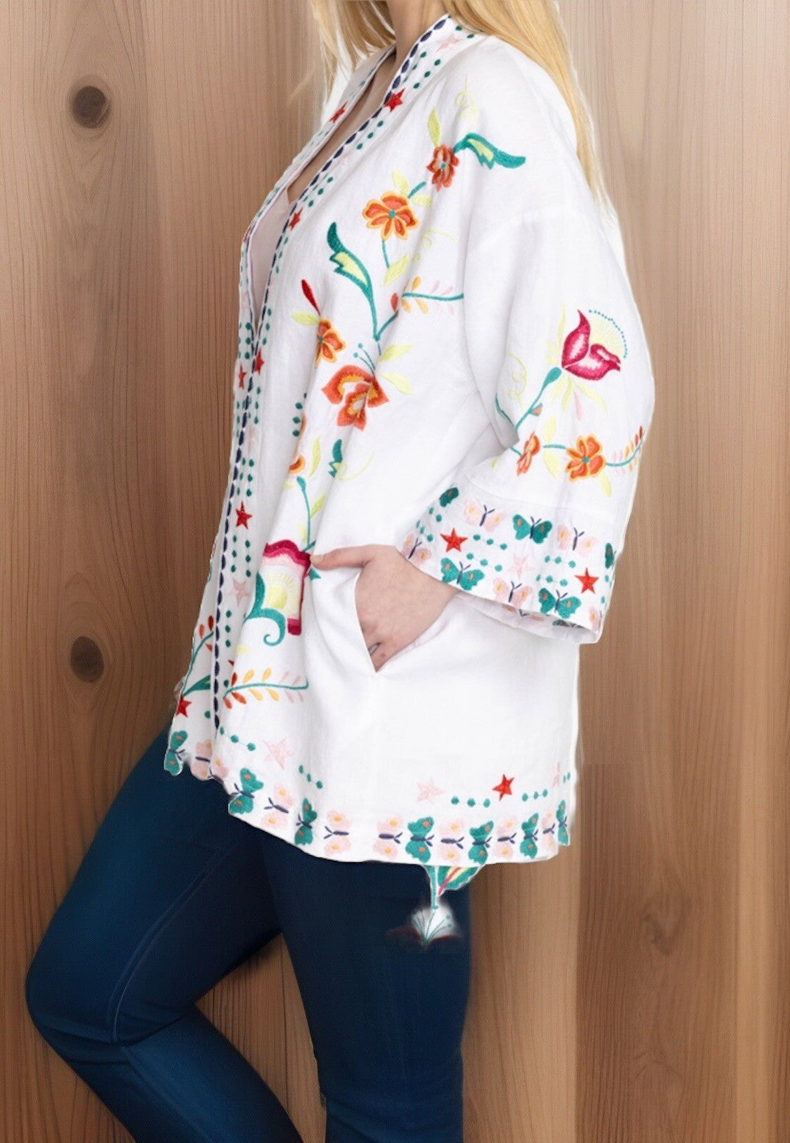 Johnny Was 2X White Linen Kimono Colorful Embroidery Top BOHO Wrap Jacket Johnny Was