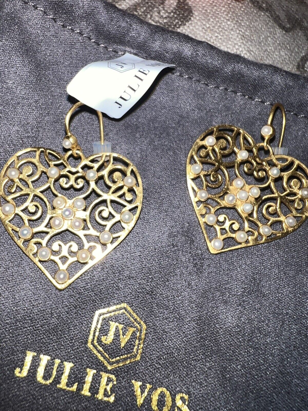 Julie Vos New Pearl Embellished Heart Earrings 24k Gold Plate