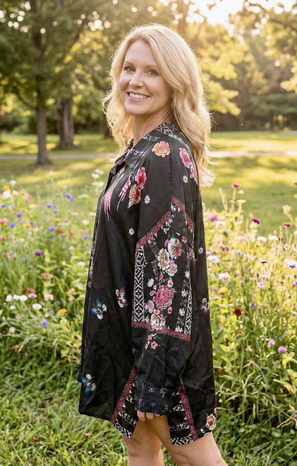 Johnny Was L 100% Silk Button Up Blouse Shirt Long Sleeve Tunic Top Lightweight Johnny Was