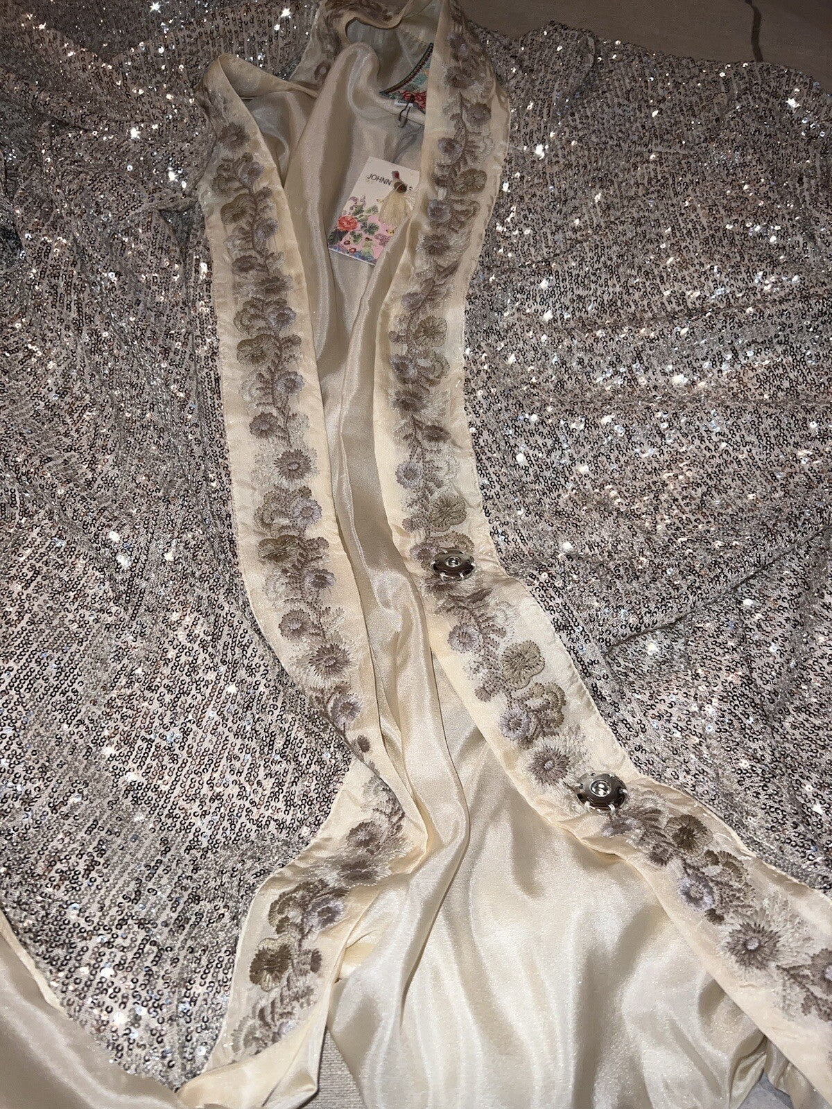 Johnny Was L Silk & Sequins Ivory KIMONO Long Duster Wrap PTP-30” OVERSIZED Johnny Was