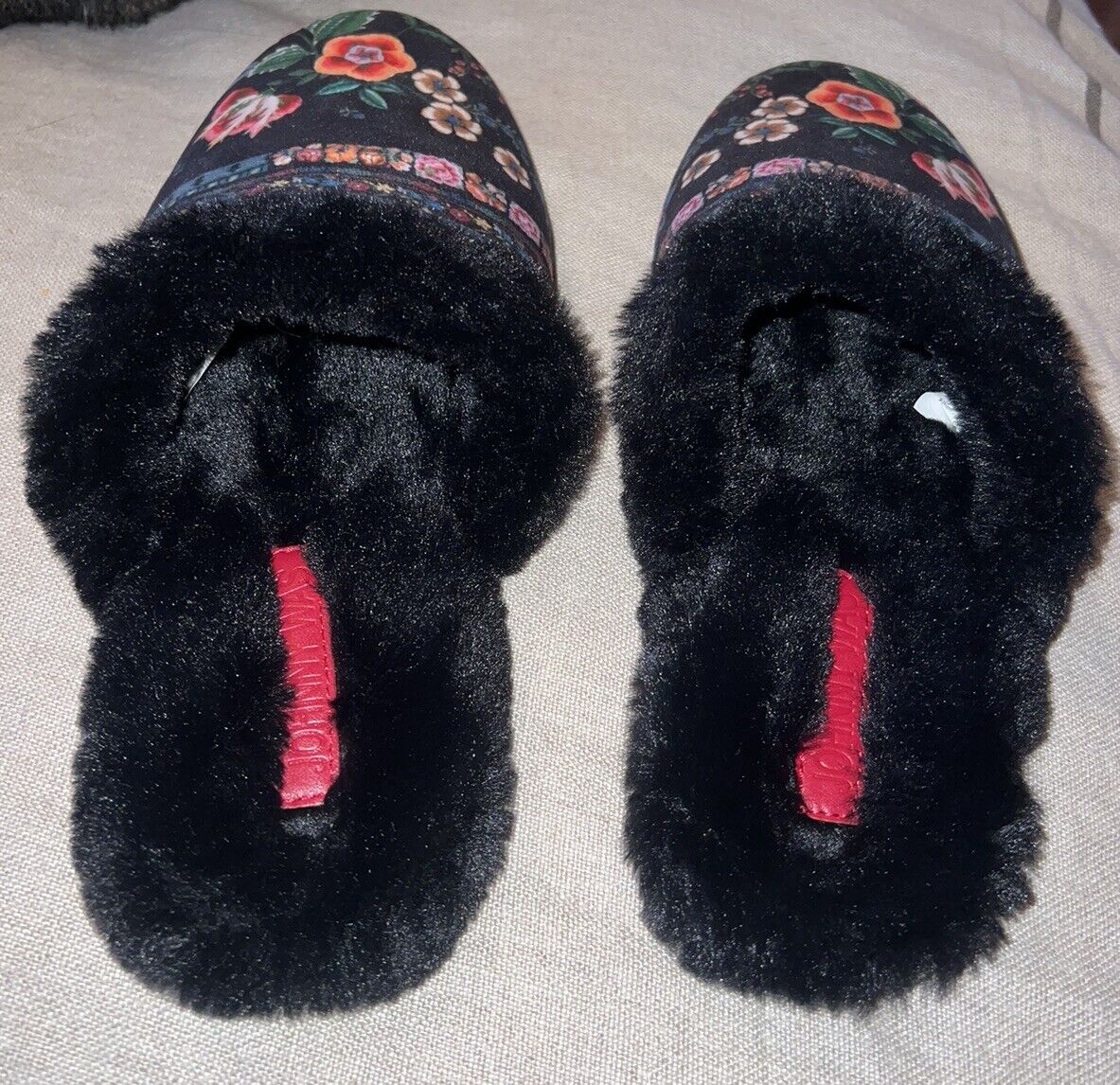 Johnny Was Black Faux Fur Floral Slippers sz 9 NWOB