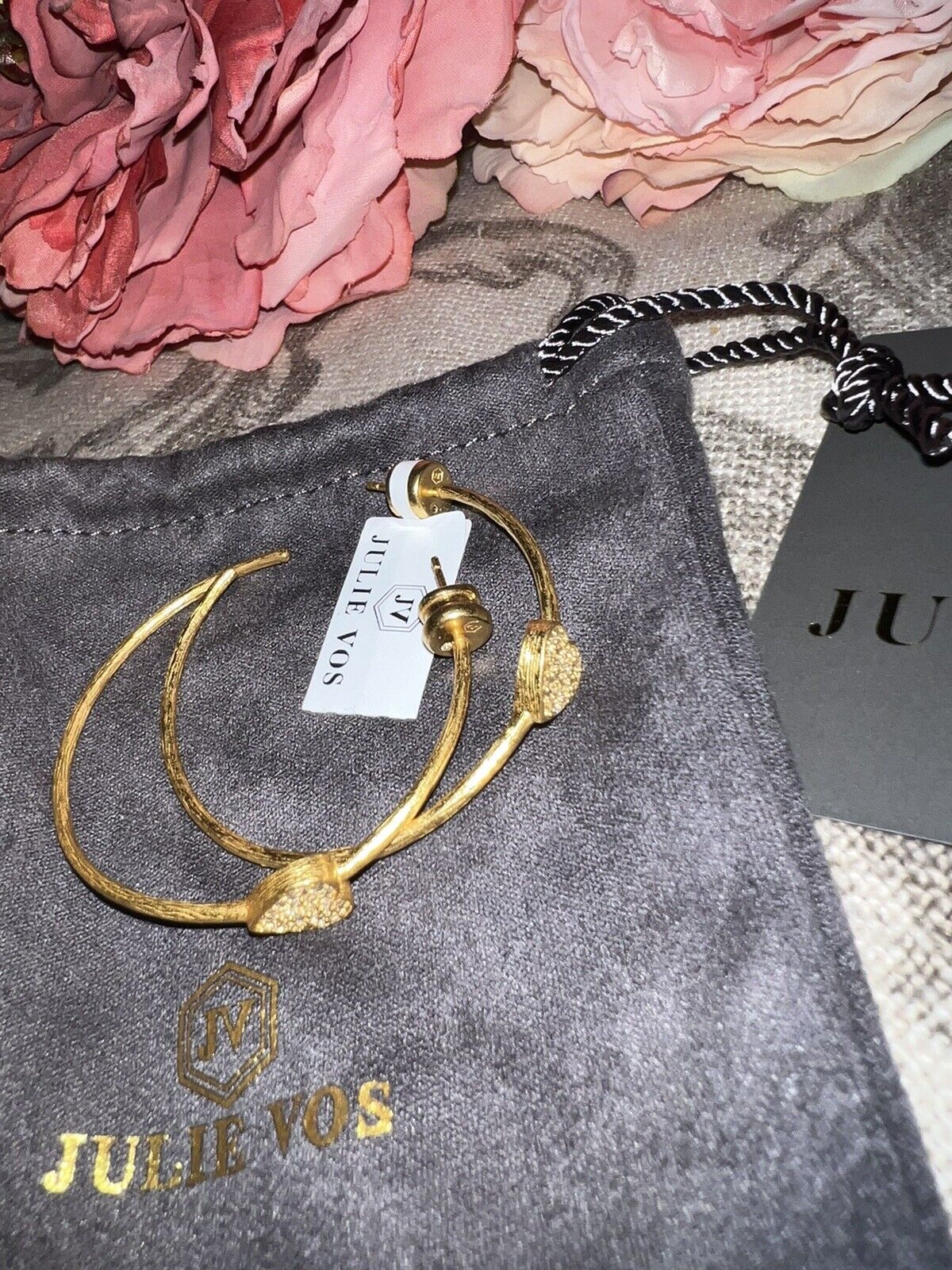 NEW Julie Vos New Pave CZ Heart 1.75” Hoop Earrings 24k Gold Plate NWT