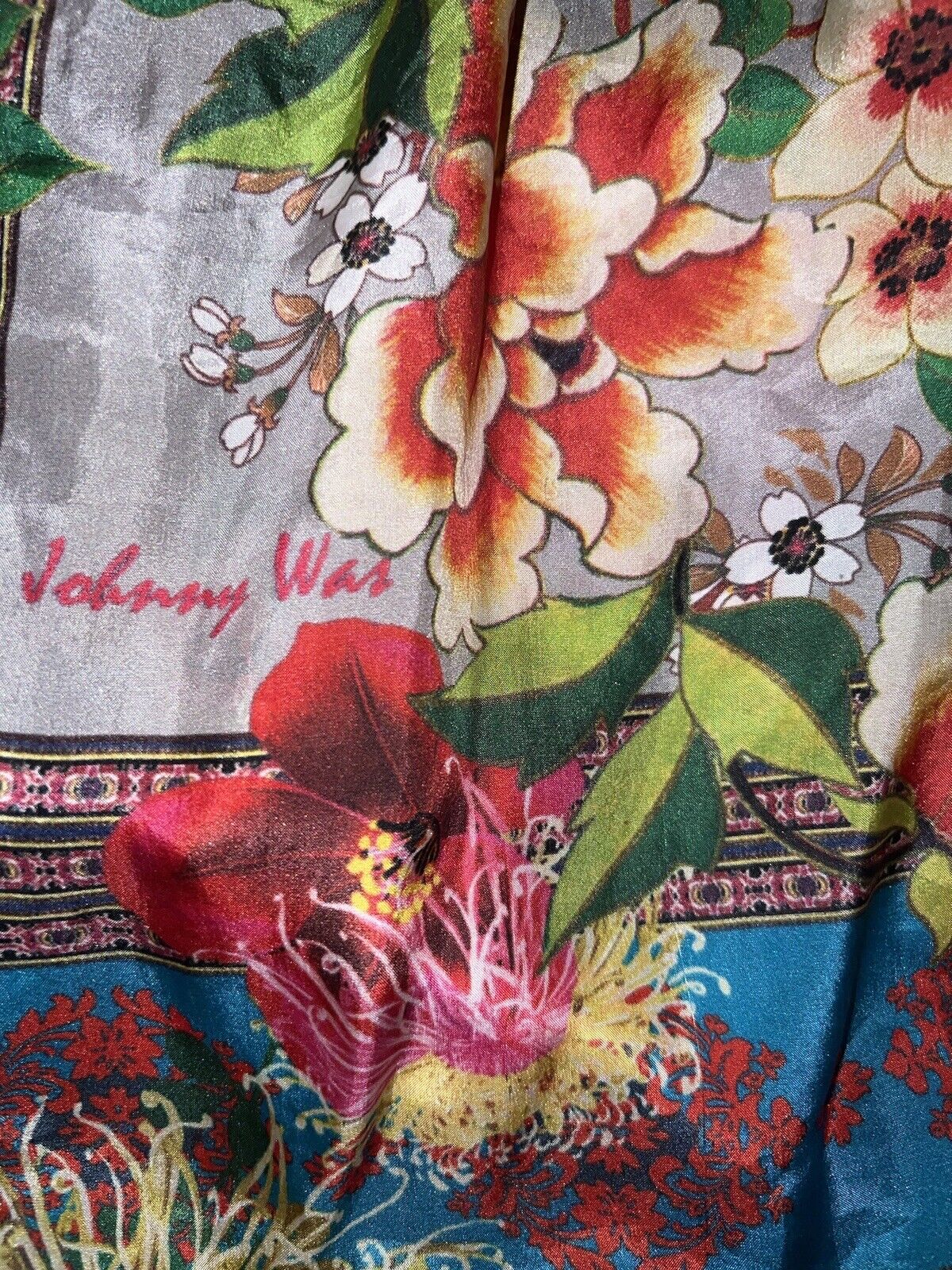 Johnny Was XL 1XL 1X 100% Silk Long Sleeve Tunic Top Kimono Vibrant Floral Color