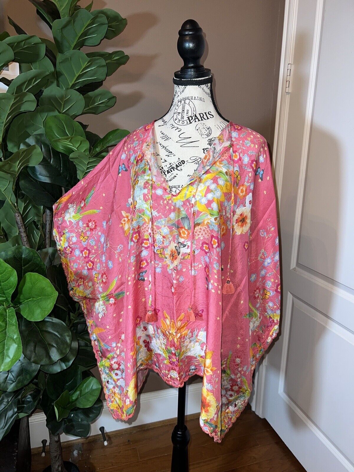 Johnny Was Pink O/S 100% Silk Kimono Wrap Top Cover Up Tassels Butterflies Flora