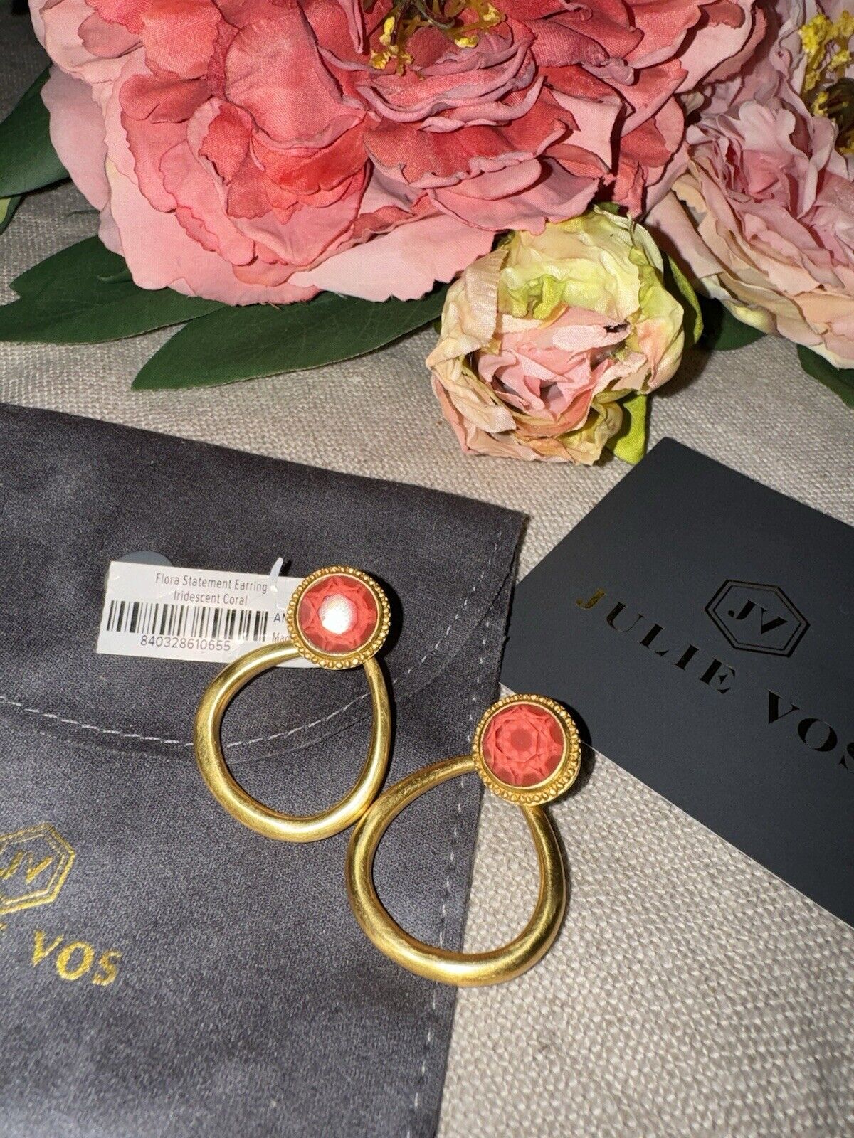 Julie Vos Iridescent Coral Hanging Hoops 24k Gold Plated Earrings