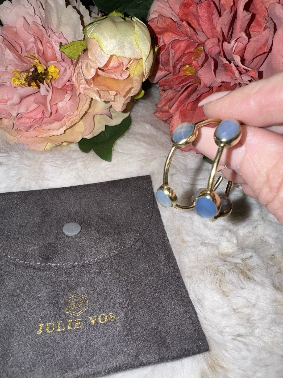 Julie Vos Blue & 24k Gold Plated Hoop & Stone Earrings 1.25” RETIRED VINTAGE Julie Vos