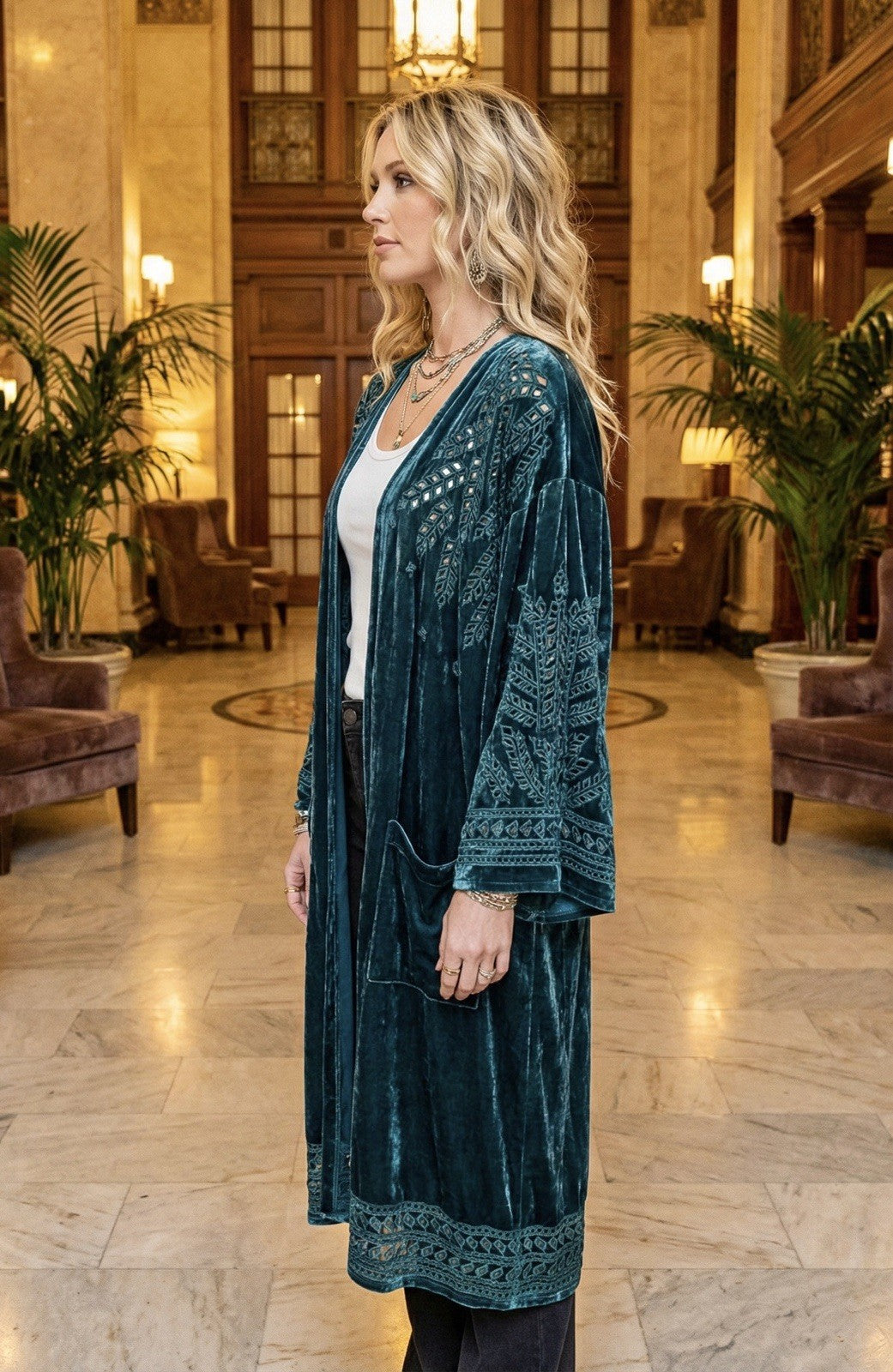 Johnny Was Jade L Large Velvet Long Kimono Duster Wrap Green Coat Embroidery Johnny Was
