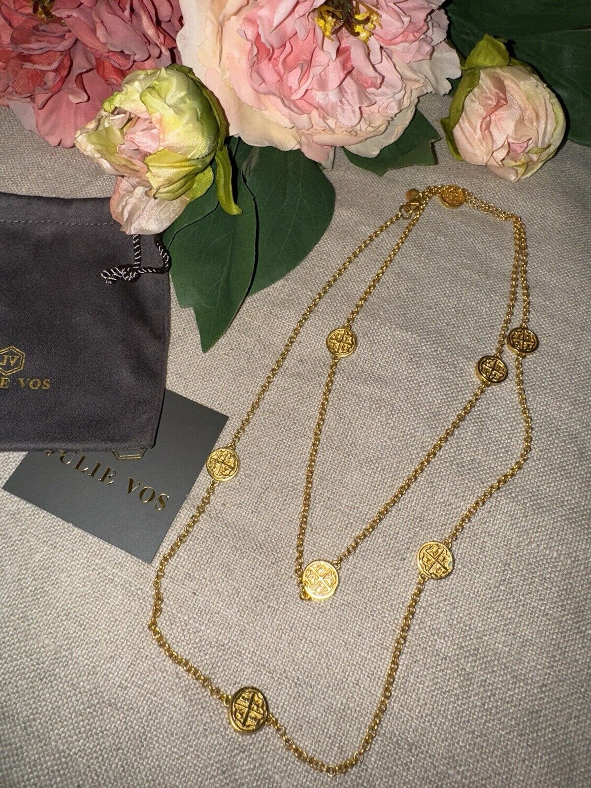 Julie Vos Long Station Coin Medallion & 24k Gold Plated Necklace LONGER STYLE