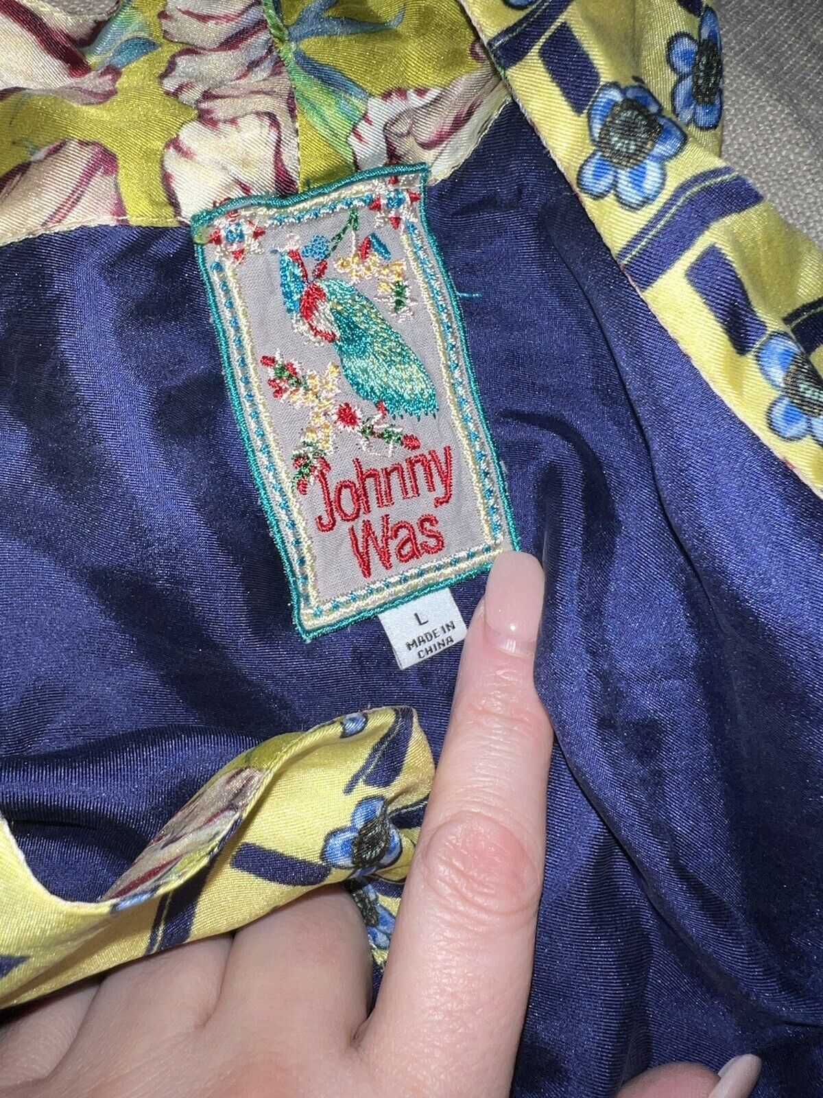 Johnny Was Navy & Yellow 100% Silk Kimono Wrap Coverup  Sz L Large