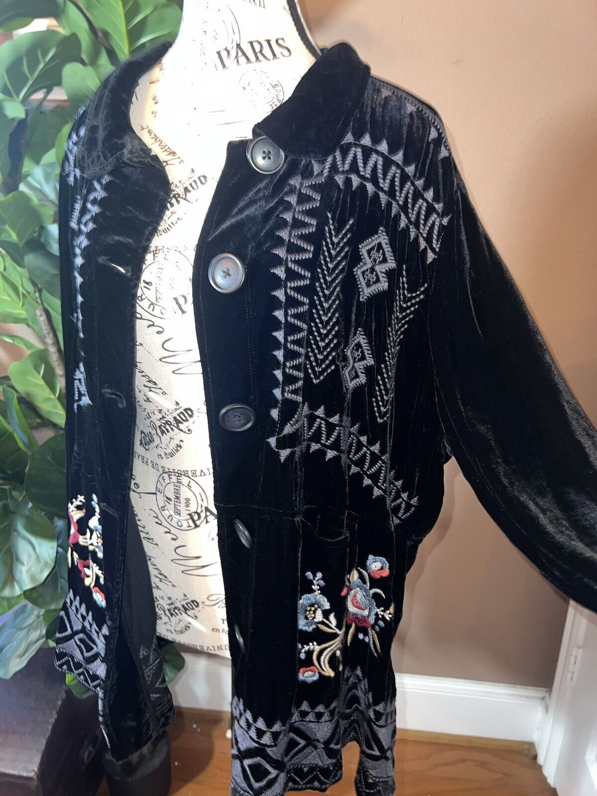 Johnny Was Black Velvet W Embroidery Button Up Kimono Jacket Coat 1X 1XL