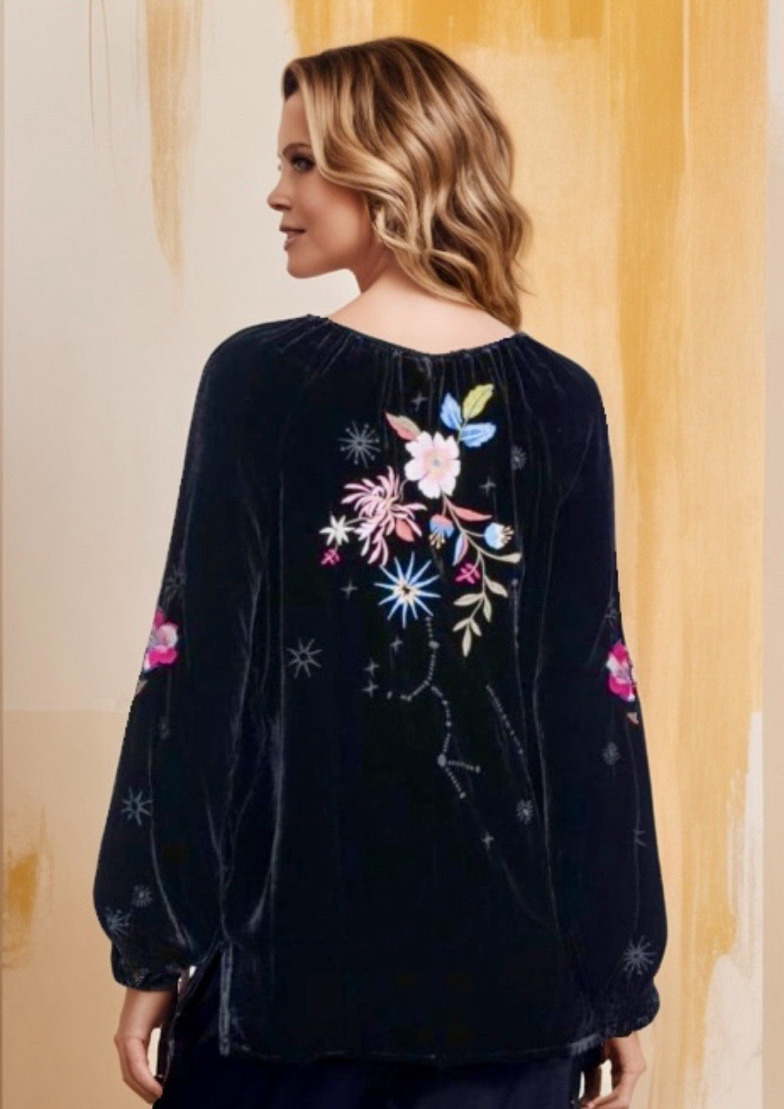 Johnny Was L Large Black Velvet Roses & Stars Embroidered Peasant Tunic Top Johnny Was