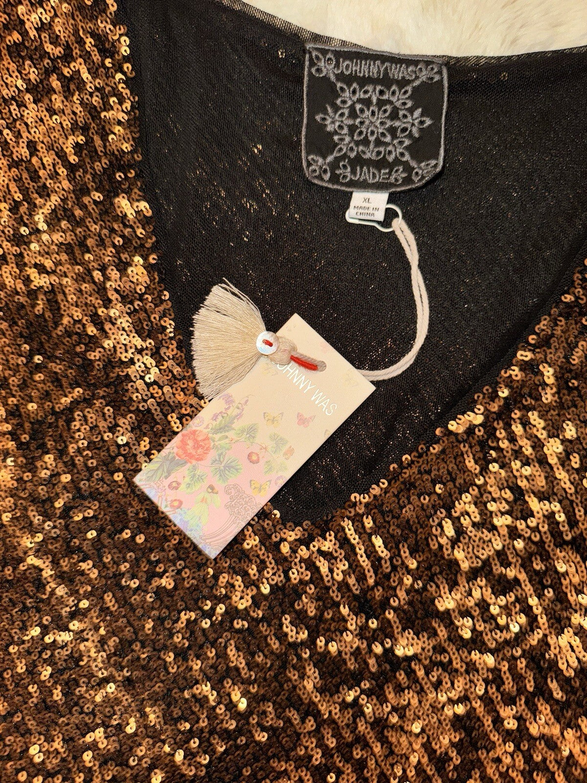 Johnny Was Gold XL Sequin Maxi Dress Long Flowy Mesh Slip Sequins Party Johnny Was