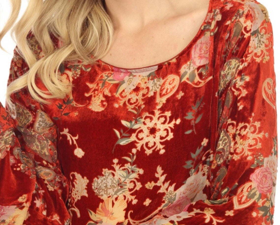 Johnny Was XL Red Burnout Velvet & Silk Tunic Top Peasant Blouse Shirt Johnny Was