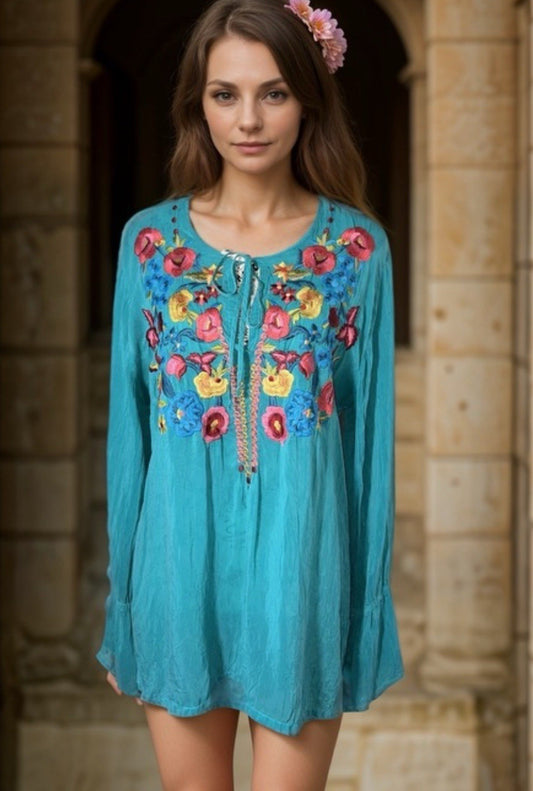 Johnny Was L Turquoise Tunic Top Embroidered Peasant Blouse Lightweight Cool Johnny Was