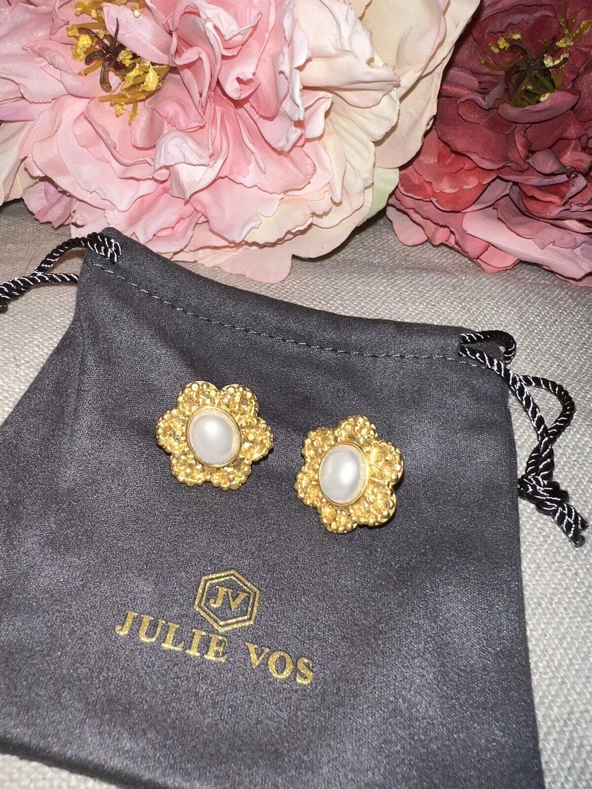 NEW Julie Vos Pearl & 24k Gold Plated Flower Statement Earrings NWOT