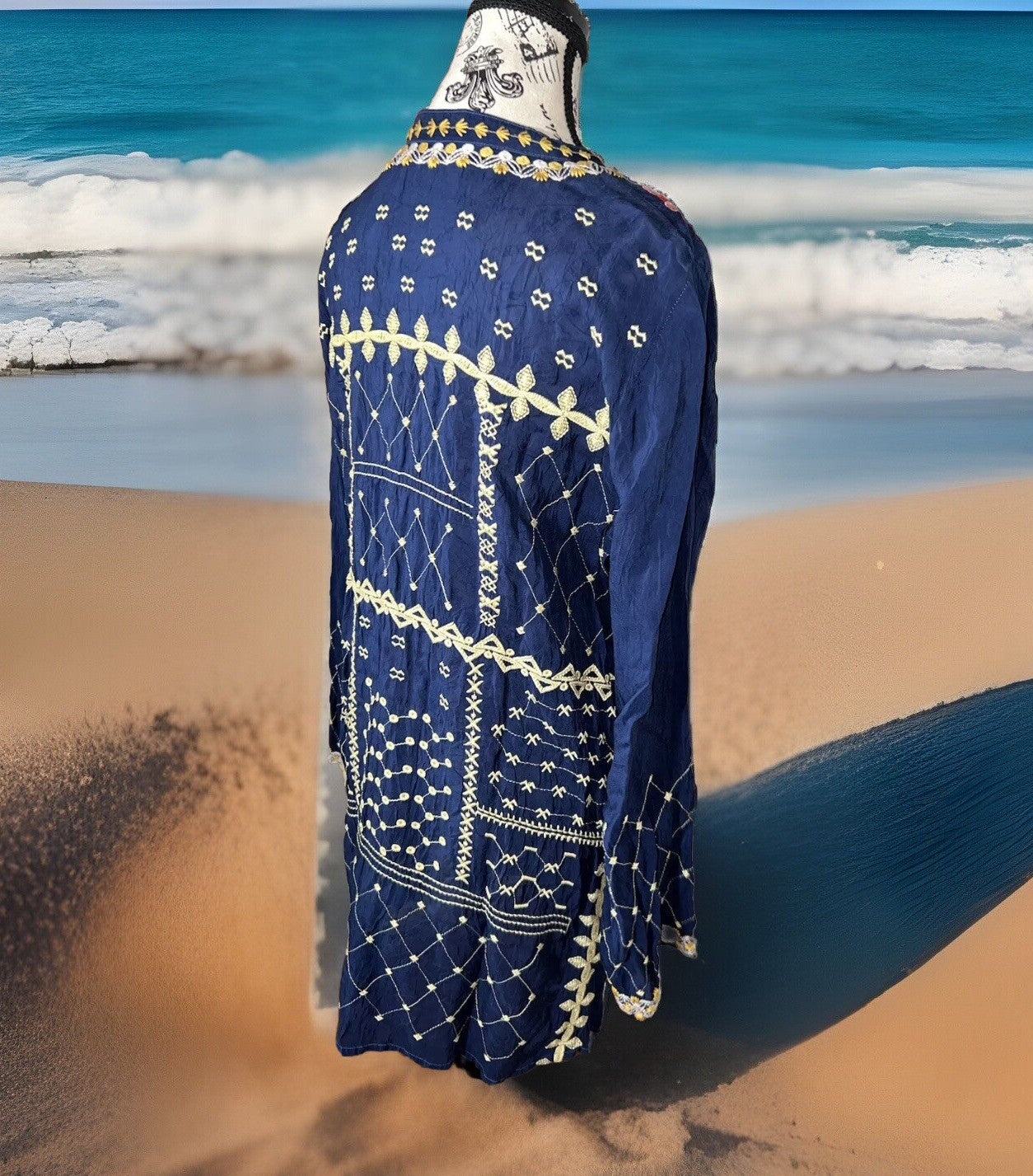 EuC Johnny Was L Large Blue Embroidered Tunic Top Mini Dress Floral RETIRED Johnny Was