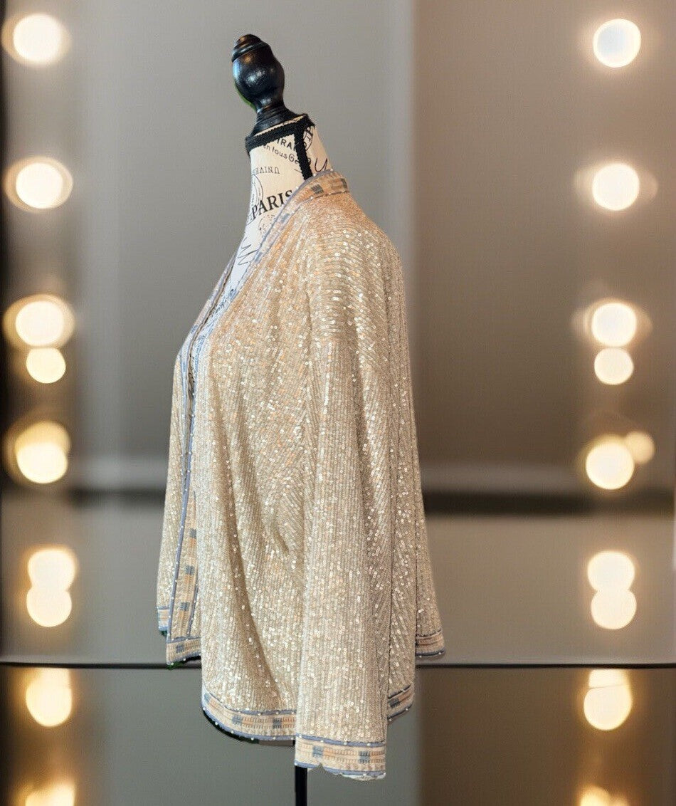 Johnny Was L Large Silk & Sequins Ivory KIMONO Jacket Wrap Pearl Accents Johnny Was