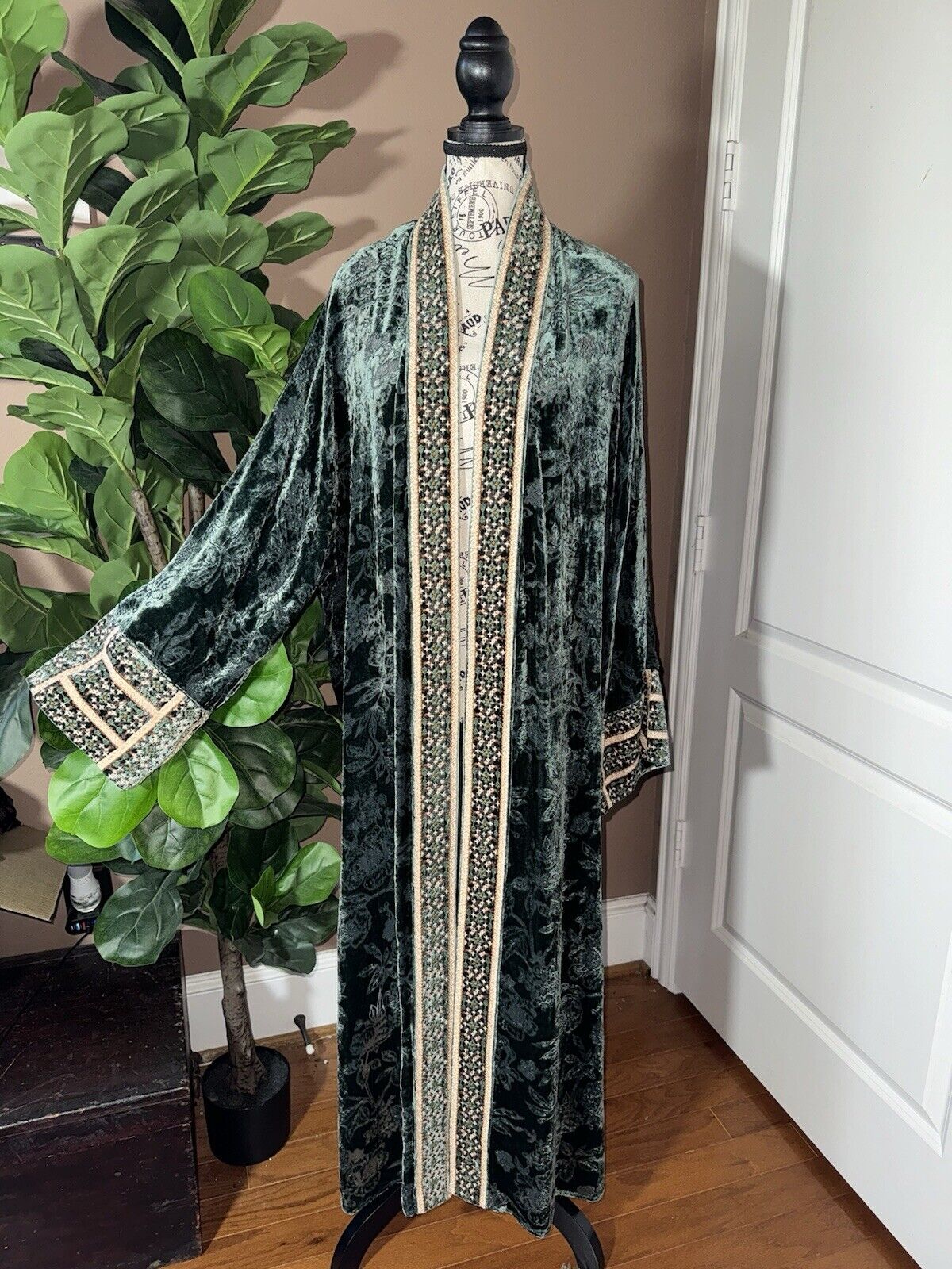 Johnny Was Large Burnout Velvet Long Kimono Duster Wrap Coat Embroidered