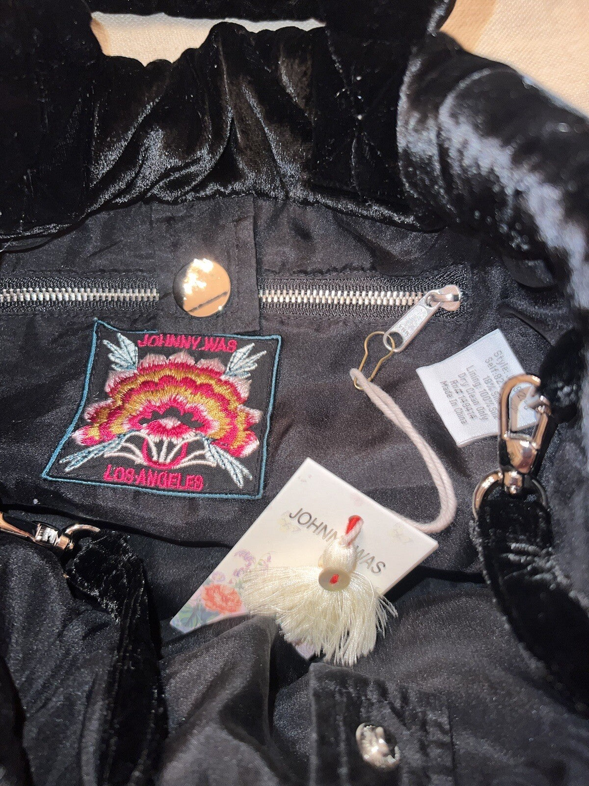 Johnny Was Black Velvet Embroidered Hobo Bag Tote Purse Crossbody Floral Johnny Was