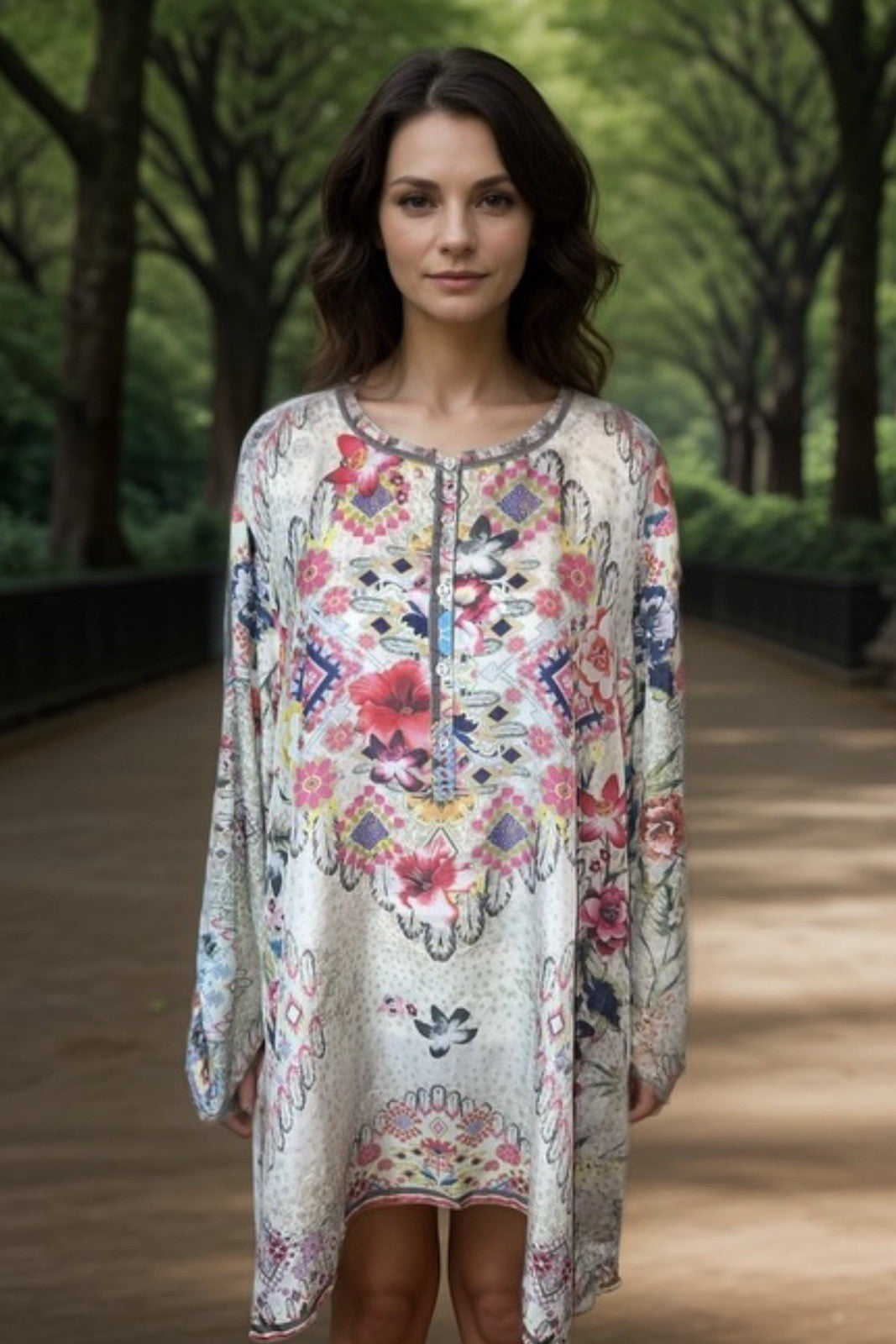 Johnny Was 2X Tunic Top Blouse 100% Silk Soft & Flowy Shirt  Long Sleeve BOHO Johnny Was