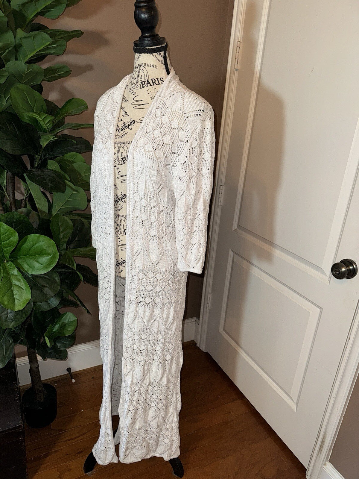 Johnny Was XL 1X White Crochet Long Kimono Duster Cover Up Wrap Lightweight Cool Johnny Was