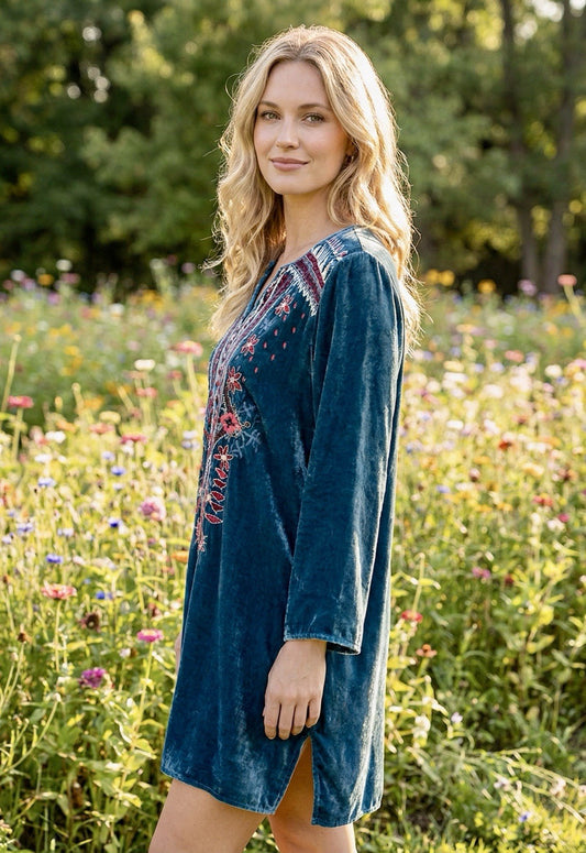 Johnny Was 1X Plus Turquoise Blue Velvet Tunic Top Long Sleeve Blouse Shirt Johnny Was