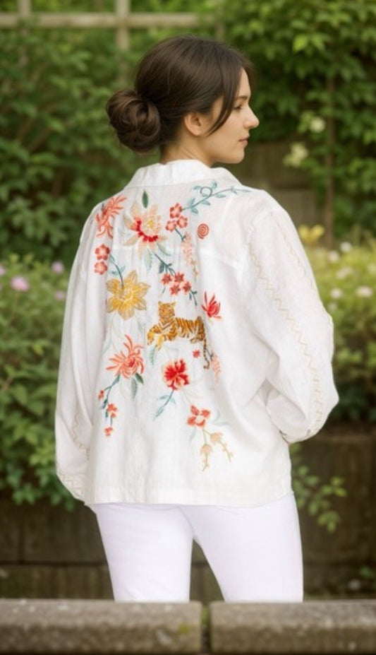 Johnny Was 2X White Linen Worker Jacket Coat Embroidered Tigers & Roses Johnny Was