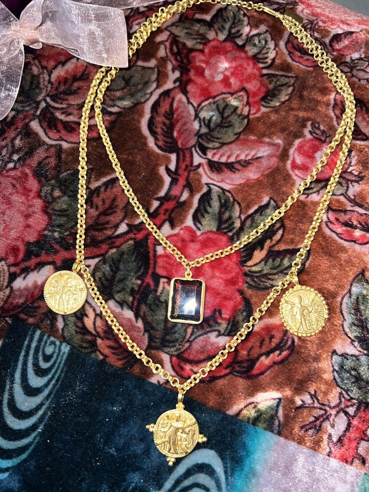 Julie Vos Double Strand Coin Medallion & Smokey Quartz 24k Gold Plated Necklace