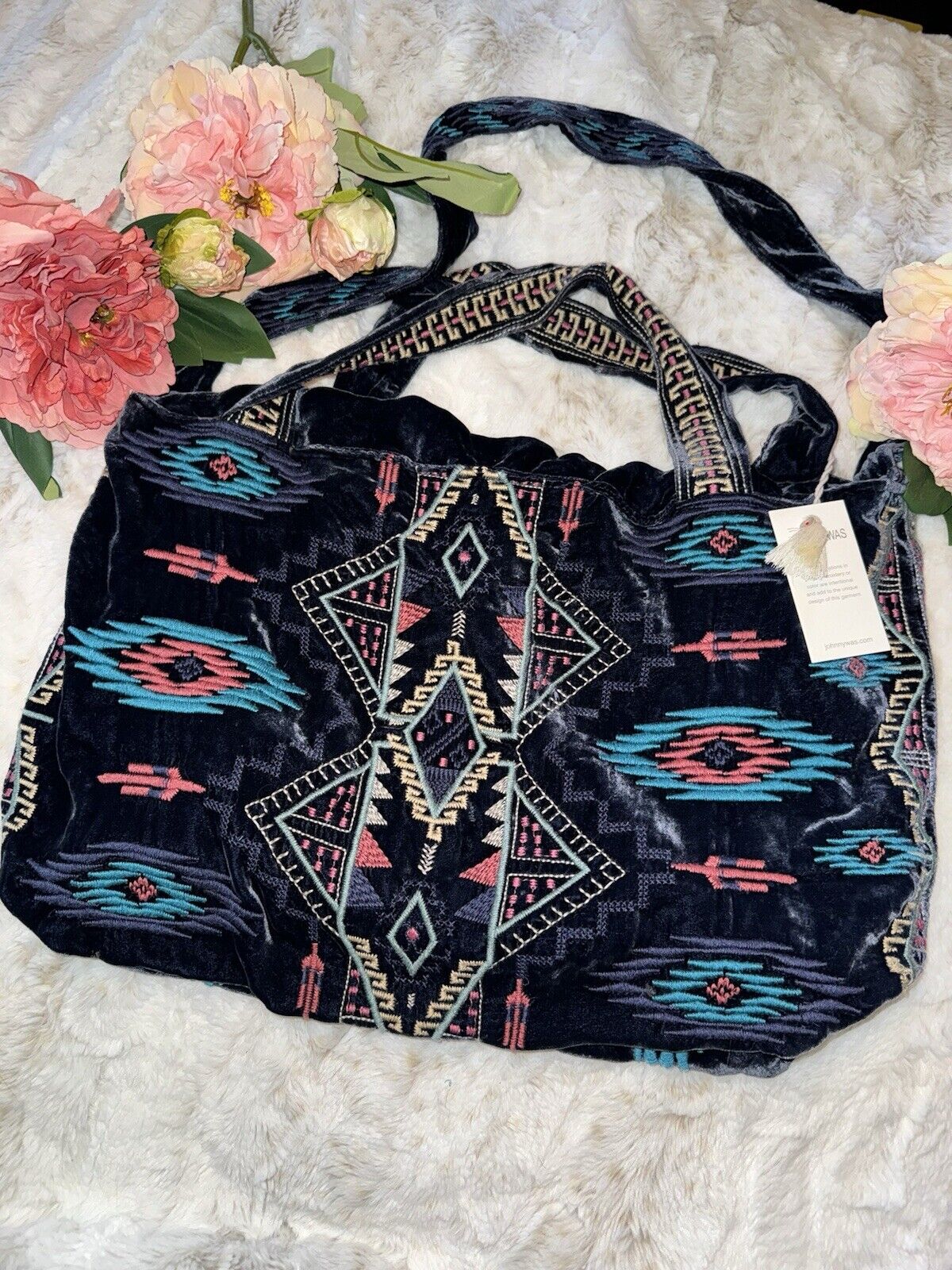 Johnny Was Large Blue Velvet Hobo Bag Tote Purse Embroidered Crossbody