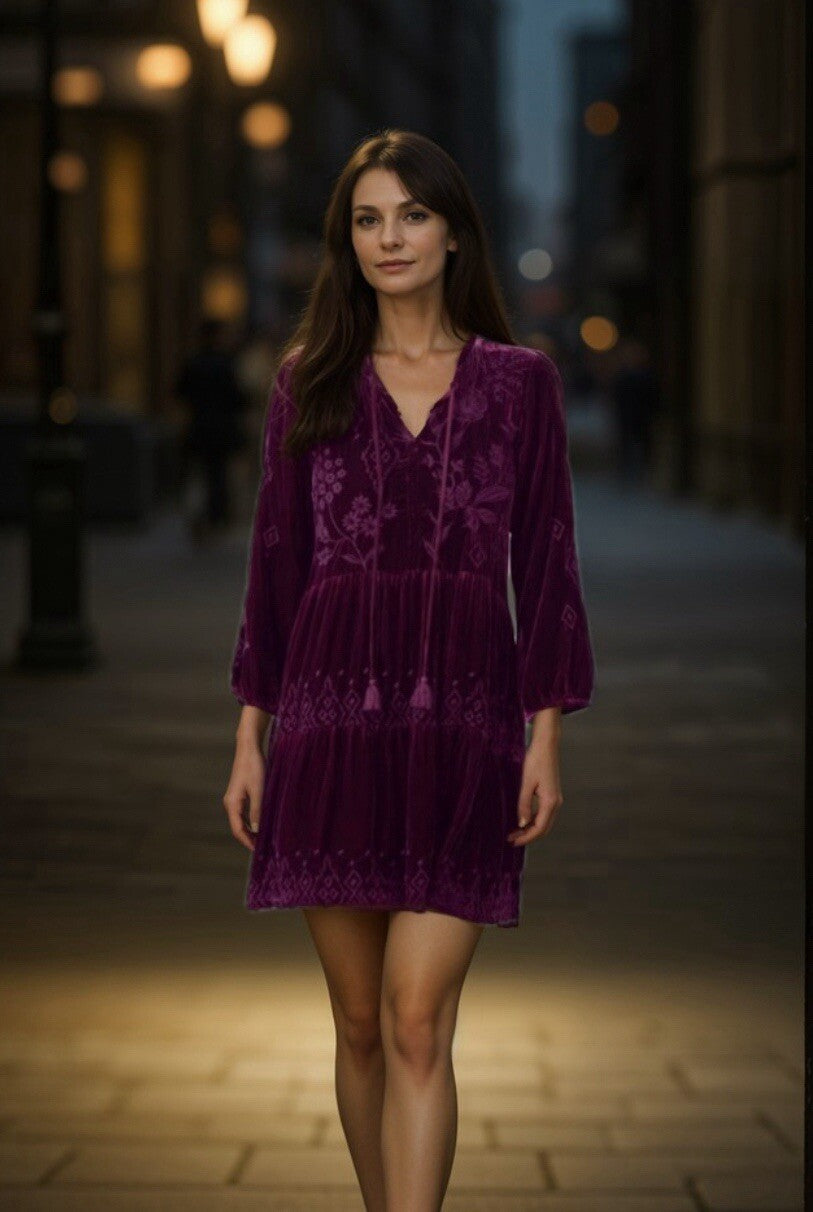 JOHNNY WAS XL VELVET Mini Dress Eggplant Purple Tiered Peasant Top Tassels Johnny Was
