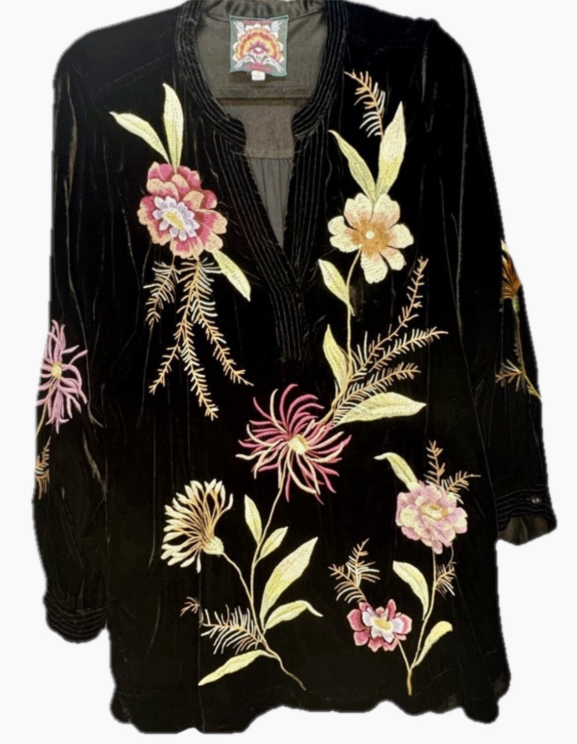 Johnny Was L Black Velvet Mini Shift Dress Tunic Top Floral Embroidery Boho Johnny Was