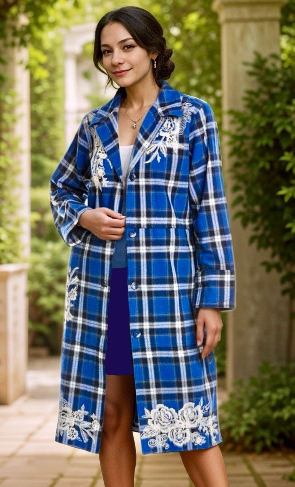 Johnny Was L Large Blue Plaid Trench Coat Jacket MIDI Embroidered Dragon Johnny Was