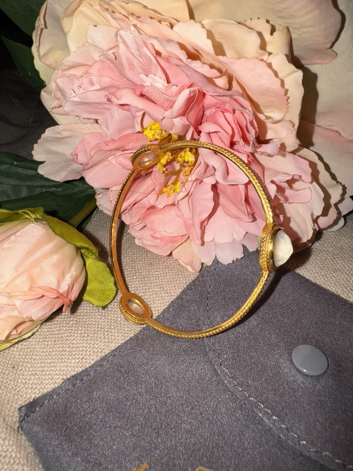 Julie Vos Large Sz Iridescent Clear 3 Station Bangle Bracelet 24k Gold Plate Julie Vos