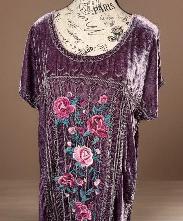 Johnny Was L Large Purple Velvet Embroidered Shift Mini Dress Short Sleeve BOHO Johnny Was