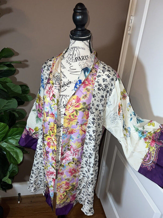 Johnny Was 100% Silk Kimono Wrap Lavender & Purple Trim M Medium Floral SPRING