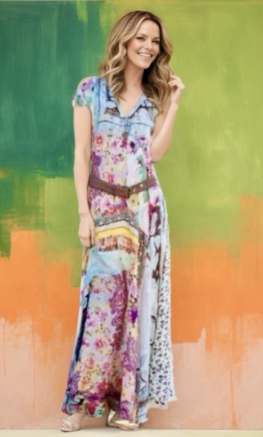 Johnny Was XL 100% Silk Maxi Dress A-Line Kaftan Floral Pattern Lightweight Cool Johnny Was