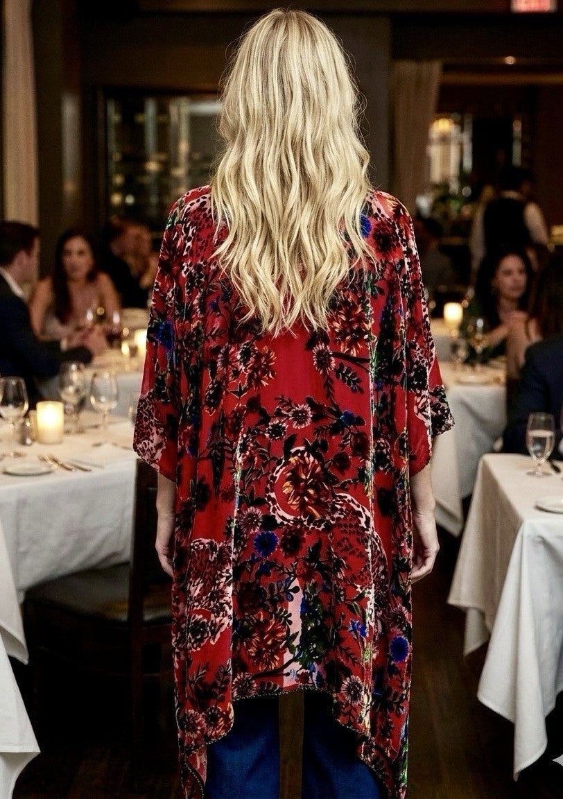 Johnny Was O/S Burnout Velvet Shawl Wrap Red Beaded Trim Bohemian Luxury Johnny Was