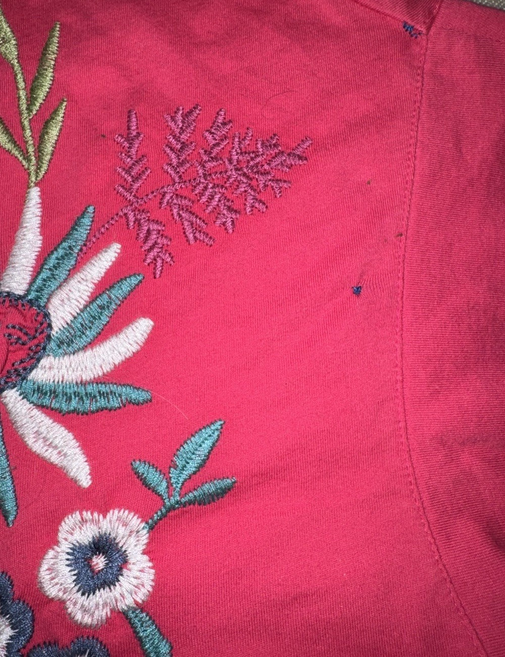 Johnny Was S Small Pink Cap Sleeve Tee T-Shirt Embroidered Bohemian *FLAWS* READ Johnny Was