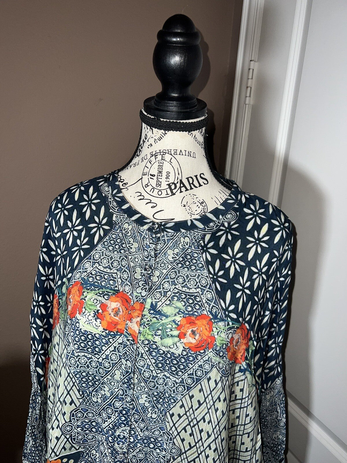 Johnny Was XXL Silky Top Long Sleeve Blouse Button Up Lightweight Floral Tunic Johnny Was