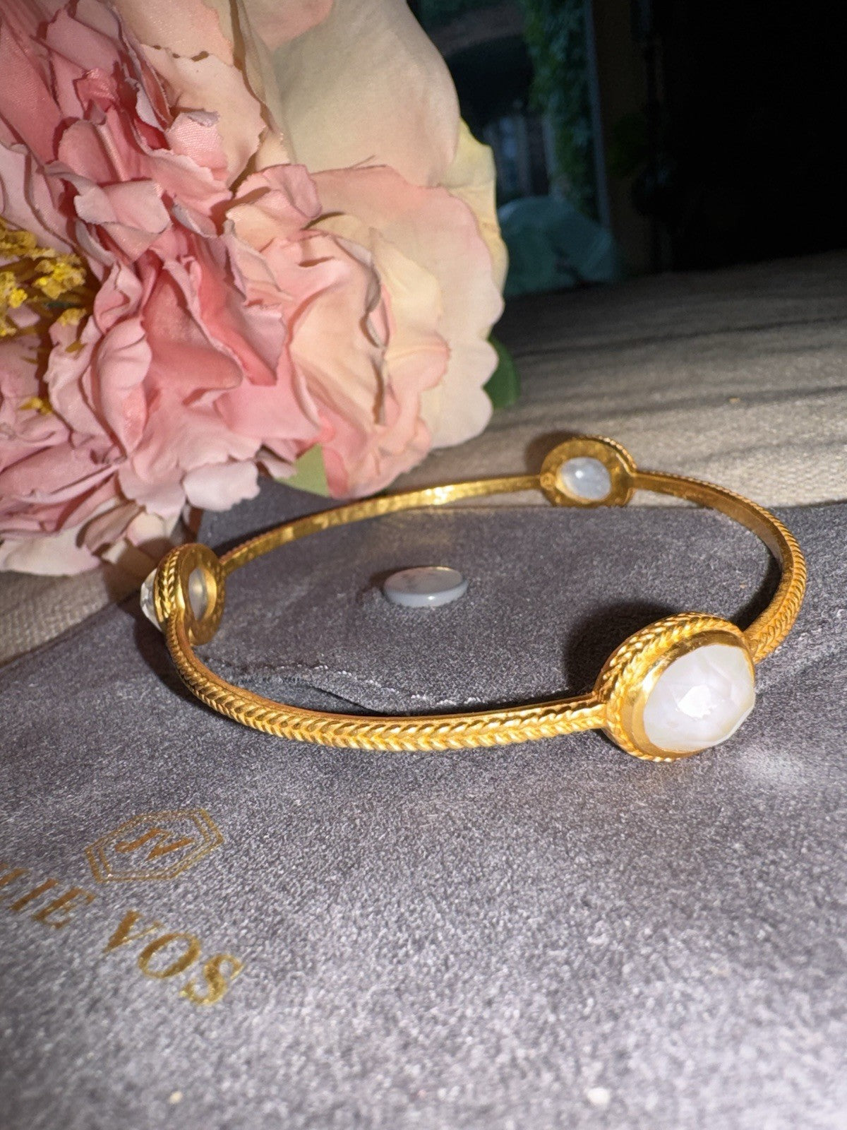 Julie Vos Large Sz Iridescent Clear 3 Station Bangle Bracelet 24k Gold Plate Julie Vos