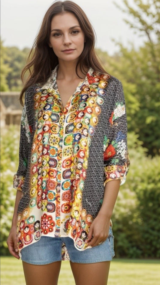 Johnny Was 3X 100% Silk Blouse Top Tunic Lightweight Cool Shirt Nesting Dolls Johnny Was