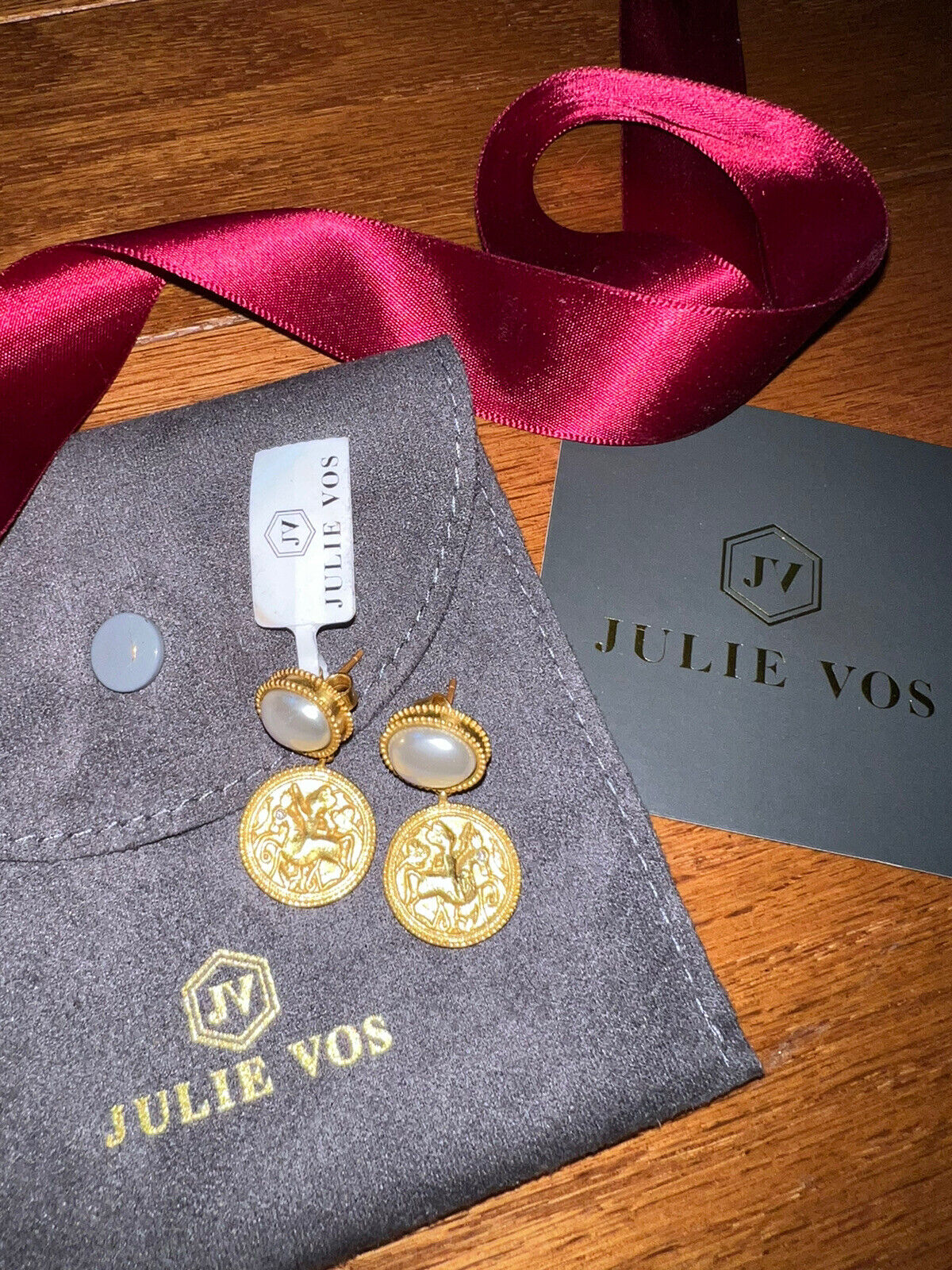 NEW Julie Vos Pearl & 24k Plated Coin Medallion Earrings GORGEOUS