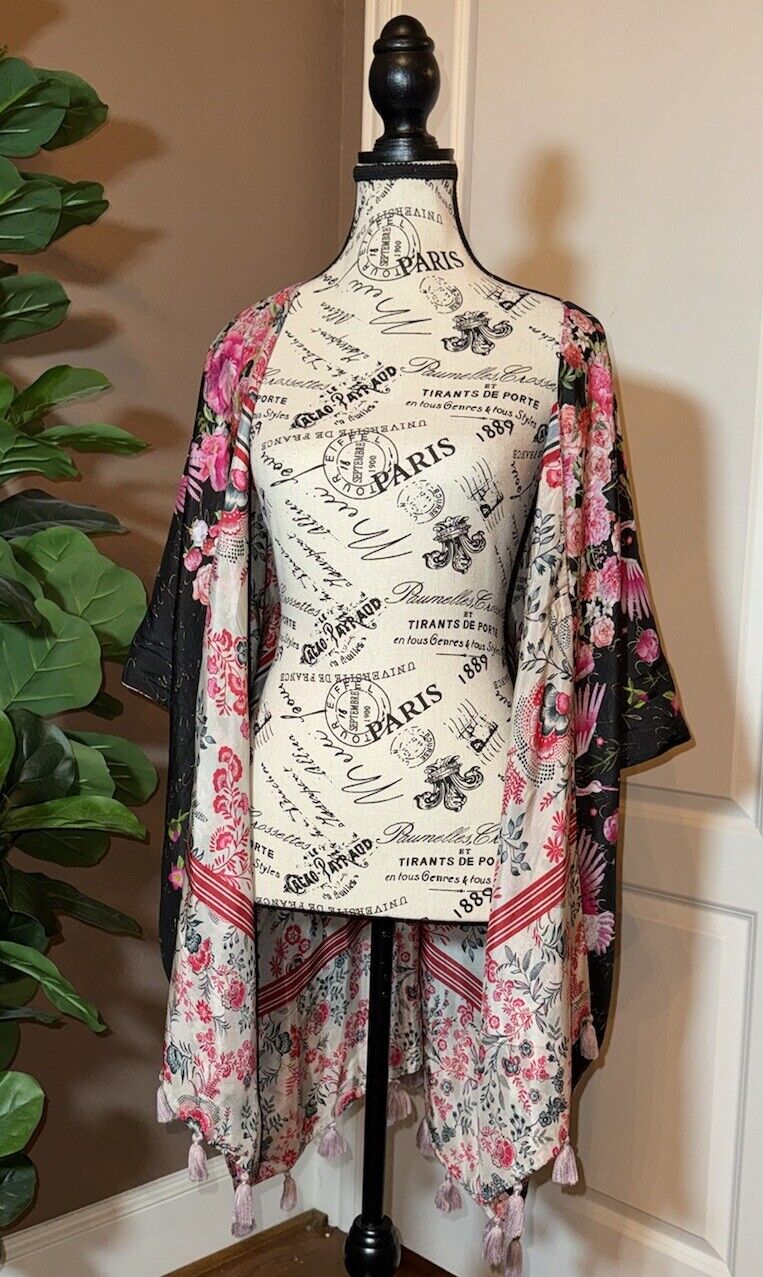 Johnny Was O/S 100% Silk Poncho Wrap Kimono Tunic Top Western Texas Native Amer