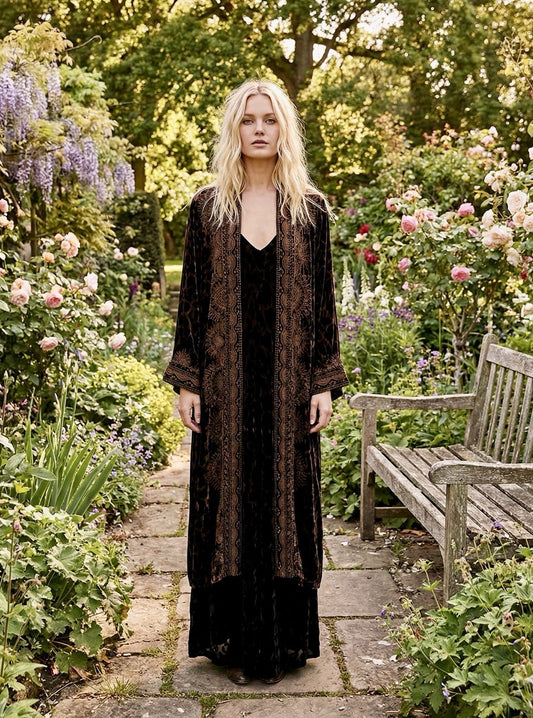 Johnny Was L Large Velvet Long Kimono Duster Wrap Leopard & Lace Jacket Johnny Was