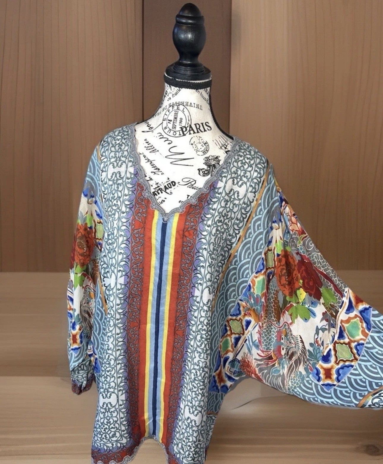 Johnny Was XL 100% Silk Long Sleeve Tunic Top Dragon Blouse Shirt Asian BOHO Johnny Was